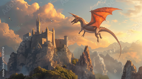 Dragon flying over an ancient castle at twilight, orange sky and mountains in the background, fantasy art style, detailed and vivid