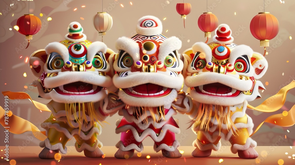 Performing Chinese lion dances for temple fairs and parades during the Spring Festival. Cute tigers playing the puppets with joy.