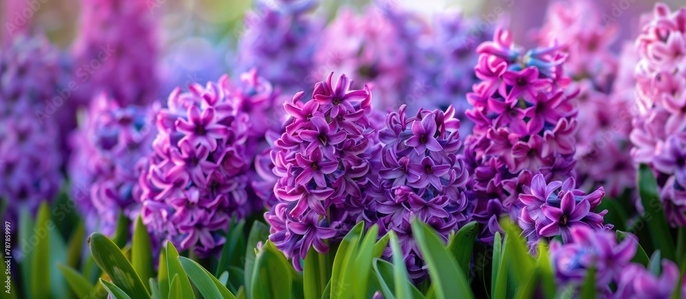 Fototapeta premium Bunches of colorful purple hyacinth blossoms flourishing in a Dutch garden in the spring.