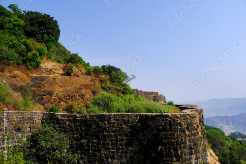 Pratapgad, Maharashtra, India - March 24, 2024 : View of Shivaji's pratapgarh (pratapgad) fort near mahabaleshwar.