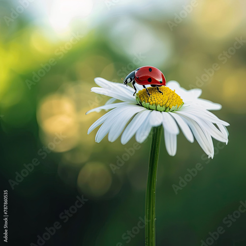 A ladybug ascends a daisy, its red shell a stark contrast to the flower's white petals. photo