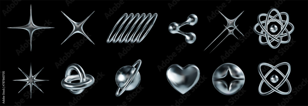 Liquid chrome y2k icons. Abstract shiny metallic shapes star rays, atomic orbit and molecular structures 3D elements vector set