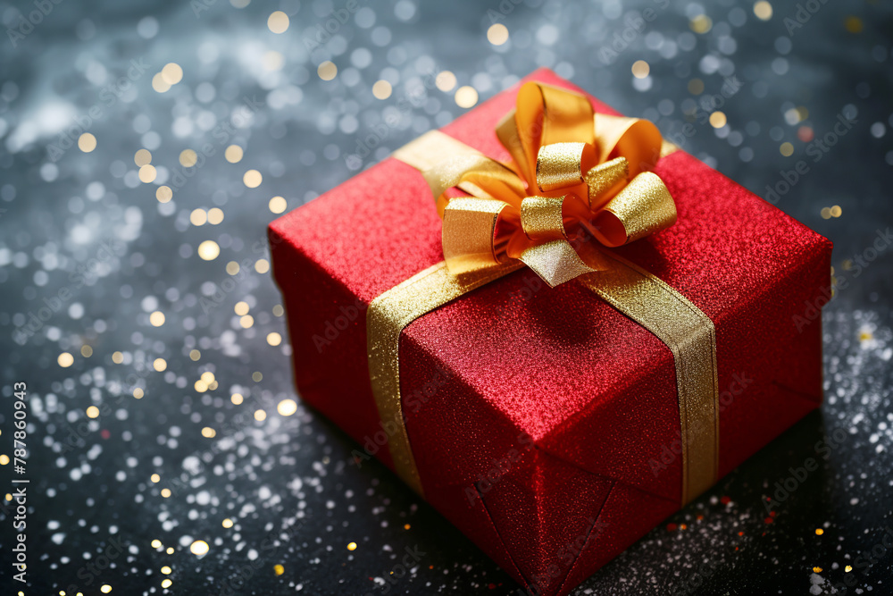 Red gift box with gold ribbon on festive background with golden and silver particles. Present for Valentine's Day, birthday, New Year Red gift box with gold ribbon on festive background with golden and silver particles. Present for Valentine's Day, birthday, New Year