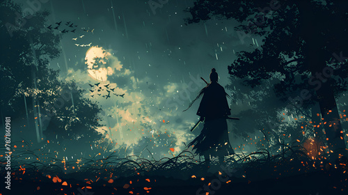 The terrifying ronin stands in the forest at night, generative Ai