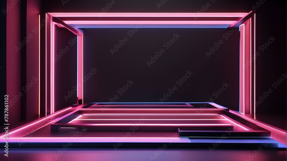 Color animation produced by a computer. 3D rendering of a pink and blue neon frame set against a black backdrop