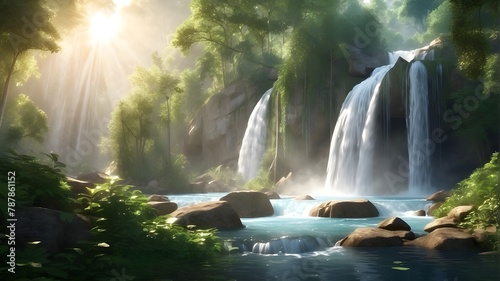 Gorgeous 3D nature and environment wallpaper featuring a sun-rayed waterfall in a forest