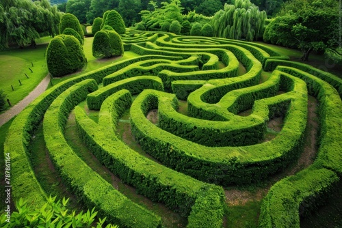 A maze of hedges with a path through it