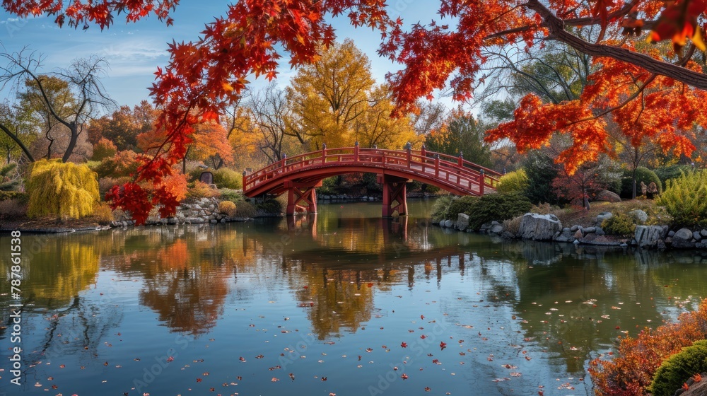 A bridge spans a body of water with a view of autumn leaves
