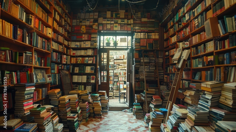 A library with a lot of books stacked on the floor A library with a lot of books stacked on the floor