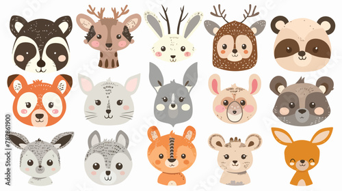 Forest animals. Cute animal faces. Colored vector set