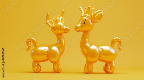 A twisted balloon deer with a crown and without a crown, isolated on a light yellow background. © Антон Сальников