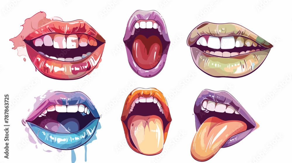 Four Female mouths. Teeth tongue. Colorful lipstick.
