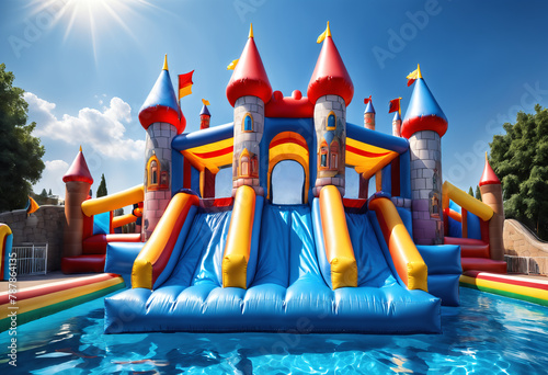 Inflatable bounce castle playground with slide and pool in a water park. Generative AI photo