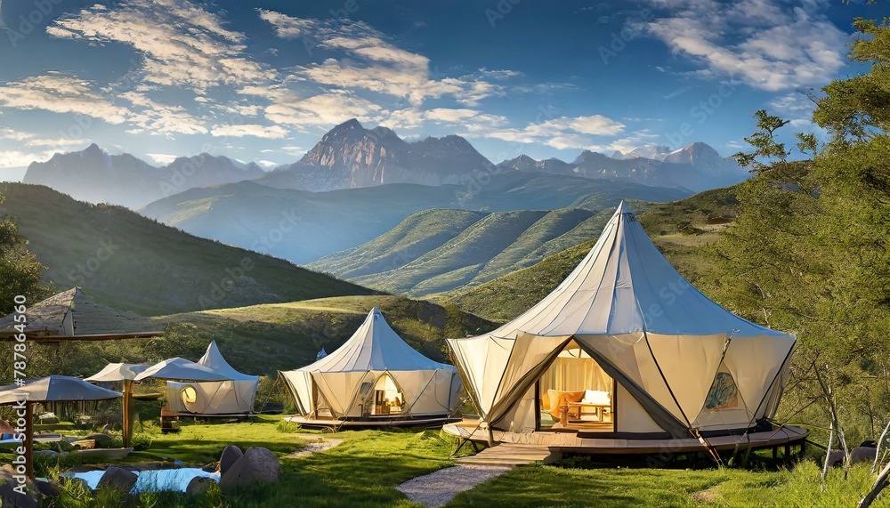 the mountains featuring elegant glamping tents nestled within the idyllic countryside, offering travelers a luxurious summer, travel, tourism, sky, mountains, adventure, 