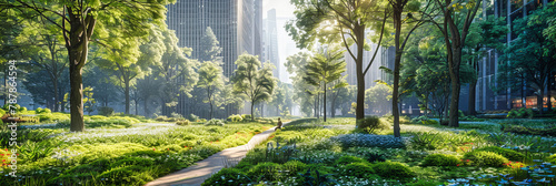 Lush Green Park with Skyscrapers in the Background, Urban Garden in a Modern City