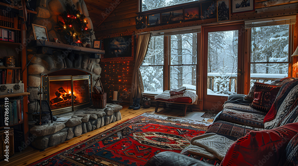 Winter Cabin Interior with Cozy Fireplace, generative ai 