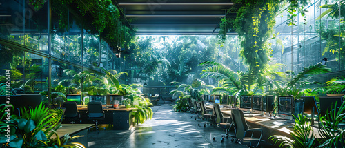 Lush Greenhouse Interior, Tropical Plants Under Sunlight, Botanical Garden with Pathway