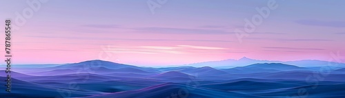 Art print depicting twilight, serene landscape, soft gradients of purple and blue, 