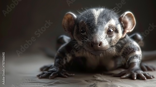  A close-up of a small animal lying on a bed with its eyes open