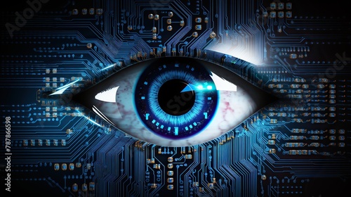 Blue eye cyber security technology background. Binary circuit board future technology concept