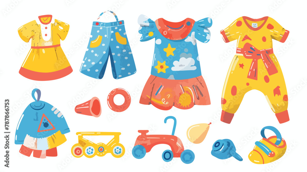 Four Toys for kids. Different clothing for kids and illustration