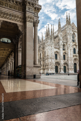 Milan city, Italy, with the Milan Cathedral (Duomo di Milano), the arcade along Corso Vittorio Emanuele II and square del Duomo in the historic center of the city © AleMasche72