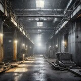 An atmospheric industrial environment with gritty metal surfaces and dimly lit corridors, evoking a sense of mystery and intrigue.
