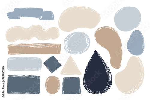 Texture drawings scribbles. Curved chalk shapes and geometric figures. Vector isolated elements with textured scribbles. Multicolored pastel minimalistic objects for design and decoration.