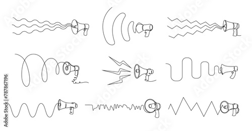Continuous one line megaphone sound. Loudspeaker with audio waves, loud announcements and public speaking vector illustration set with editable stroke paths