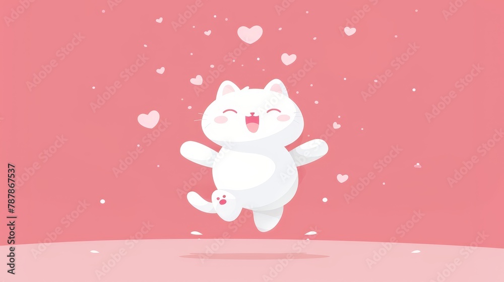   A white cat levitating on hind paws against a pink backdrop, hearts drifting above