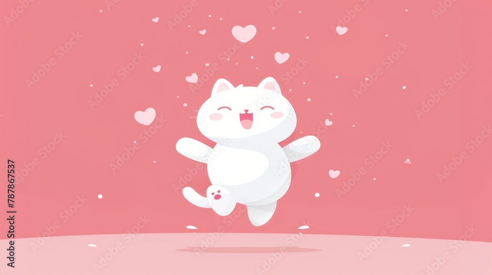 A white cat levitating on hind paws against a pink backdrop, hearts drifting above A white cat levitating on hind paws against a pink backdrop, hearts drifting above