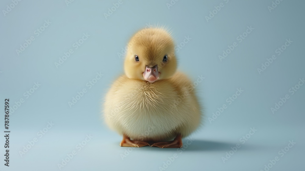   A tight shot of a duckling against a blue backdrop, its head subtly blurred