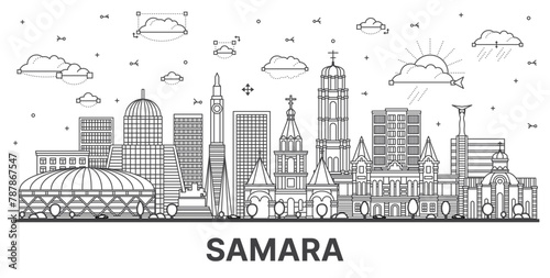 Outline Samara Russia city skyline with modern and historic buildings isolated on white. Samara cityscape with landmarks. photo