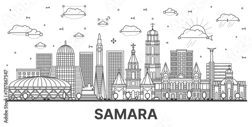 Outline Samara Russia city skyline with modern and historic buildings isolated on white. Samara cityscape with landmarks.