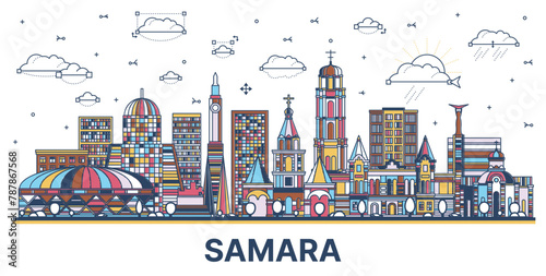 Outline Samara Russia city skyline with colored modern and historic buildings isolated on white. Samara cityscape with landmarks.