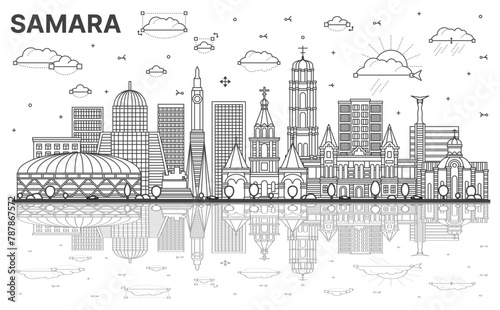 Outline Samara Russia city skyline with modern, historic buildings and reflections isolated on white. Samara cityscape with landmarks.
