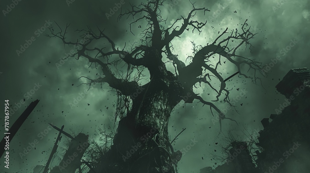 A solitary, ominous tree in the heart of a dark and eerie forest A solitary, ominous tree in the heart of a dark and eerie forest