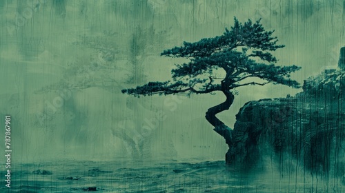   A tree painting at water's edge, on a cliff's edge, backed by a cliff
