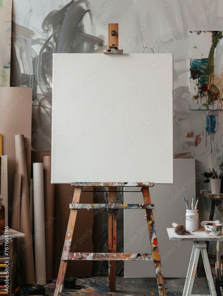 A white canvas on a wooden easel with a white canvas on it A white canvas on a wooden easel with a white canvas on it