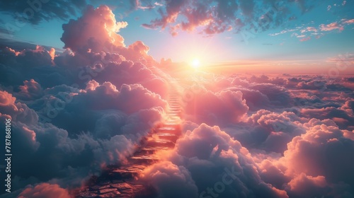 Concept of the stairway to heaven in the sky, with white clouds and a sun. Concept of religion background 