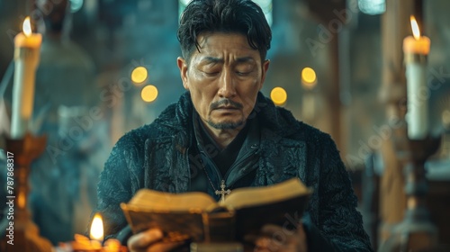 Amidst the tranquility of a secluded chapel, an Asian man kneels in prayer, his hands clasped over an open Bible placed reverently on a polished wooden pew. 