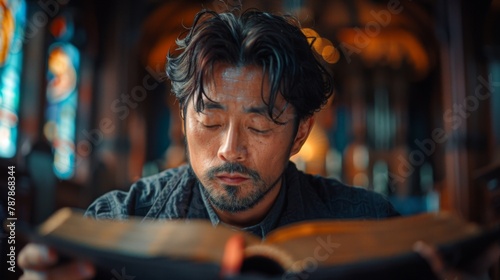 Against the backdrop of a tranquil church interior, an Asian man sits in silent contemplation, his hands resting gently on a well-worn Bible. With closed eyes and a peaceful expression