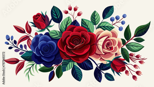 Set of floral branches of red, burgundy, navy blue roses, green leaves