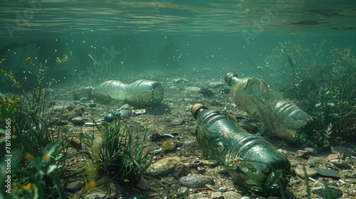 Beneath the gentle ripples of a tranquil lake, plastic bottles lie scattered on the lakebed, their presence serving as a silent testament to the pervasive nature of plastic pollution. 