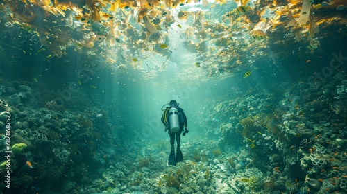 Amidst the tranquil beauty of the ocean floor, a scuba diver works diligently to clean and remove plastic and garbage waste that threatens the health of marine life. 