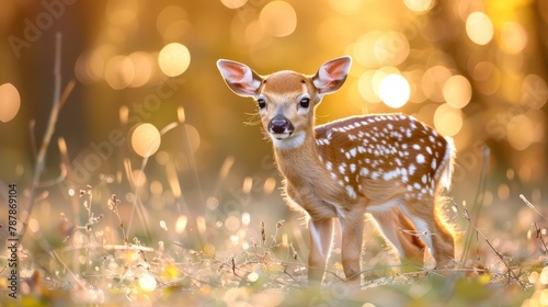  A tiny deer atop a verdant field, bordering a forest teeming with tall grasses