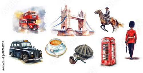 Set of sights of England. Watercolor illustration isolated on white background. Bus and black cab, buildings, people, food.  photo