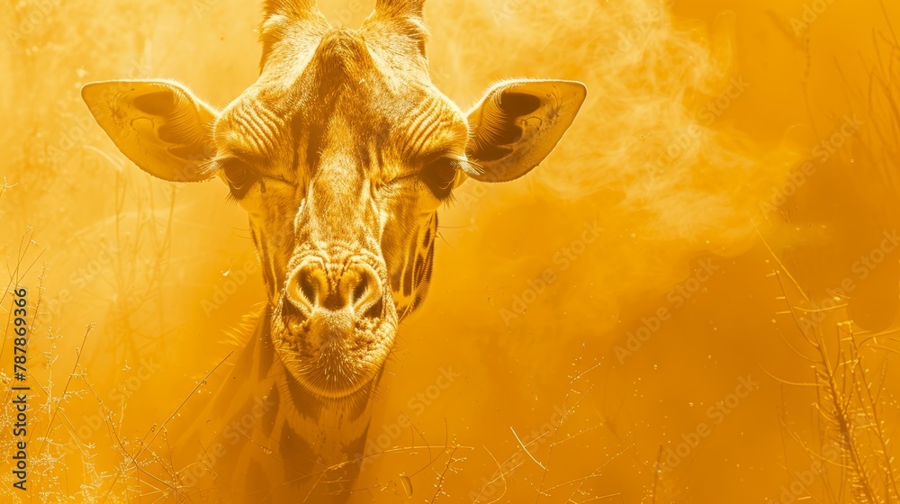 Naklejka premium A giraffe's face, tightly framed by tall grass, against a backdrop of a sun-kissed yellow sky