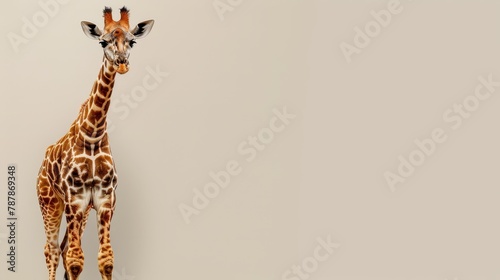  A giraffe facing a white backdrop, sporting a brown patch on its head and neck