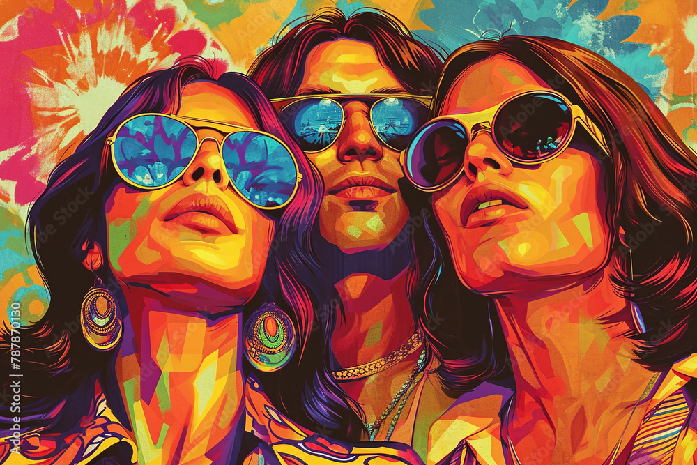 Groovy women and man in 80s style. People with sunglasses at retro-style party. Colorful illustration